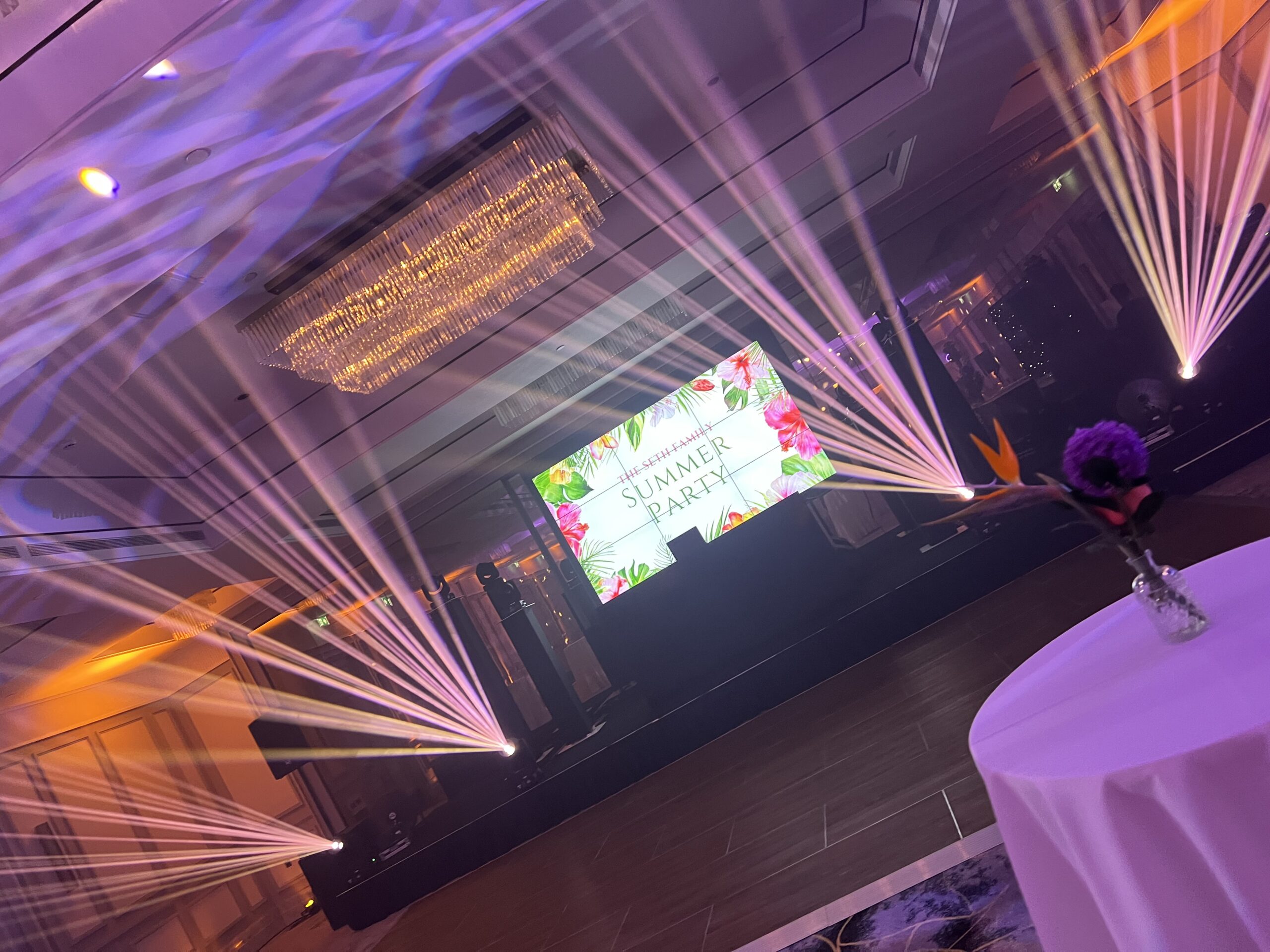 Luxury wedding DJ setup with lighting and LED screen at The BIltmore Hotel Mayfair London