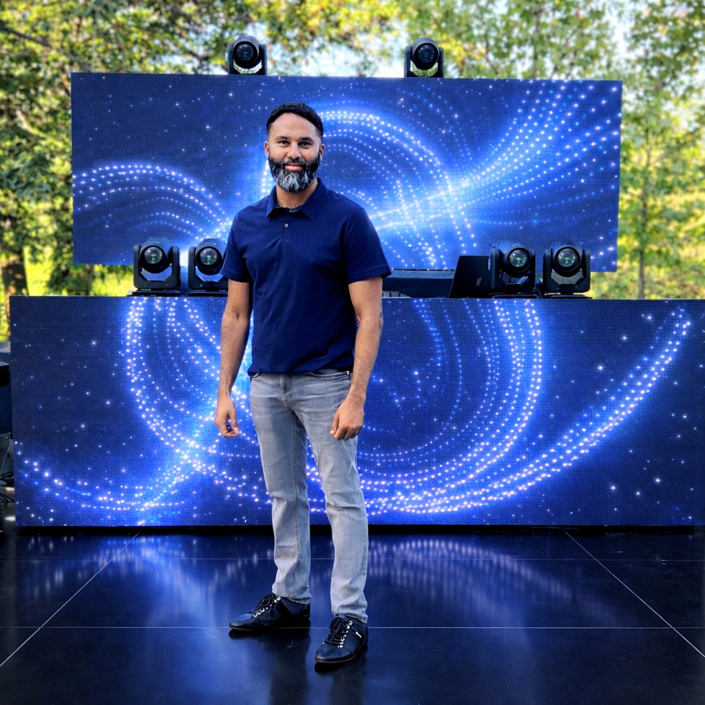 Arun Kalyan founder of AK Musik Asian wedding DJ London setup LED screen dancefloor in Portugal