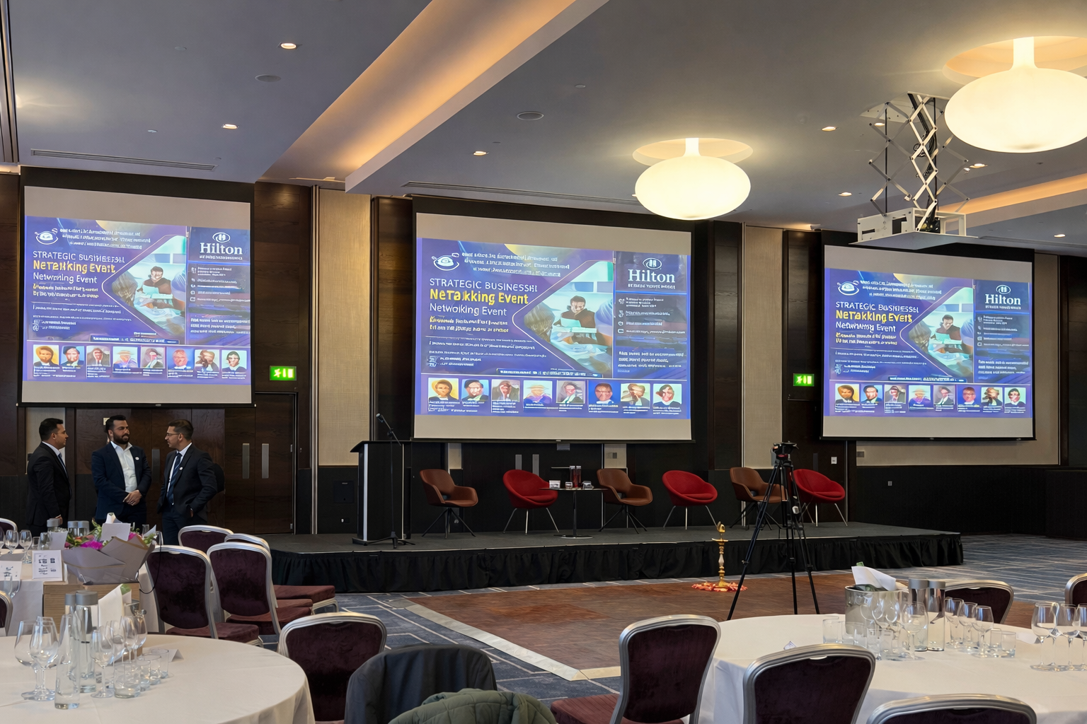 CORPORATE EVENTS Corporate conference AV setup with large presentation screens and sound system by AK Musik in London