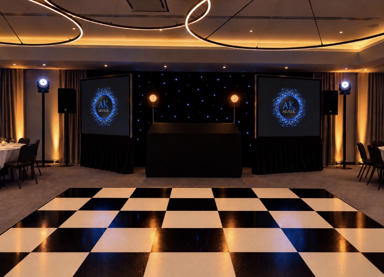 Premium Asian wedding DJ setup with dancefloor, lighting and screens